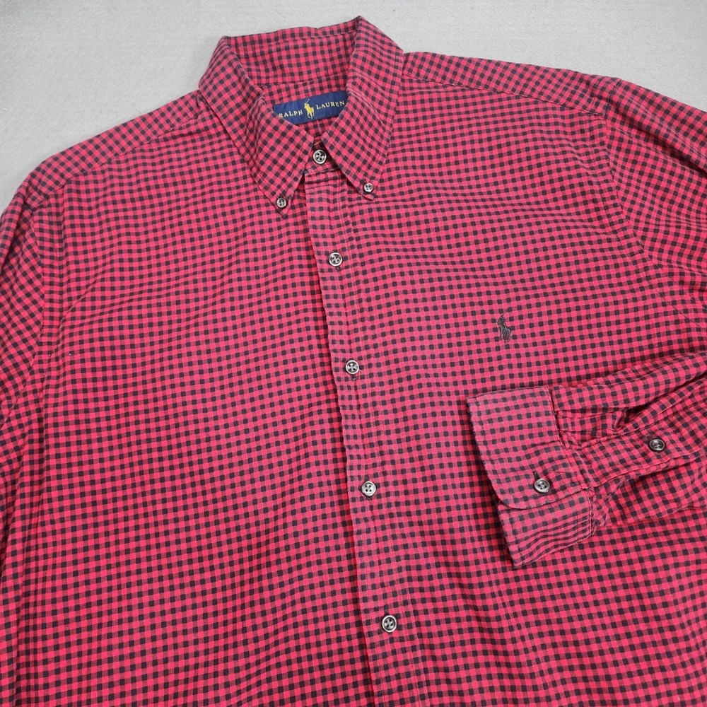 Ralph Lauren Button Down Shirt Red Black Gingham Check Cotton Mens XL
